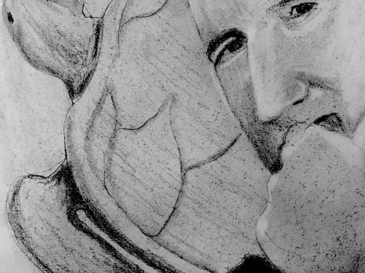 Graphite drawing, portrait of a man, portion of face and hand, with turtle.