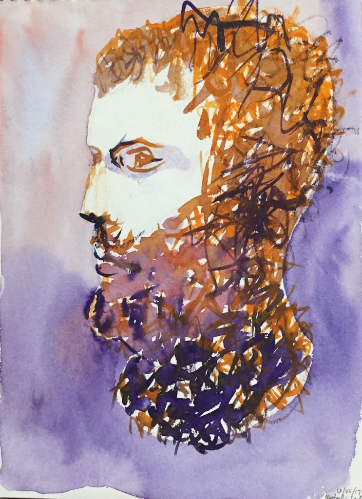 Watercolor of an ancient marble bust of a man.