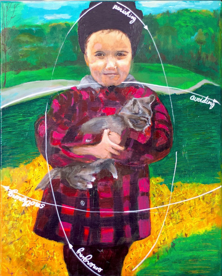 Acrylic painting, child holding kitten, with diagrams of spectrums smothering-to-avoiding, and emerging-to-perishing.