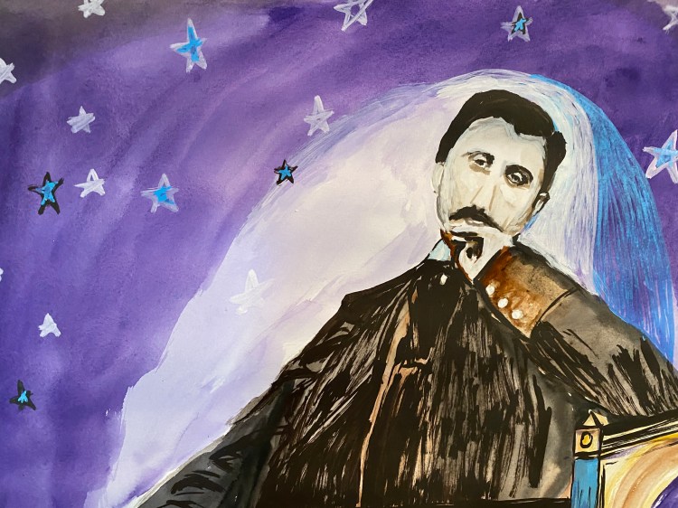 Mixed media drawing of Marcel Proust looking sleepy